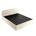 An upholstered bed frame with a low headboard and footboard in a light beige textured fabric, shown with a black mattress or bed surface insert, isolated on a white background.
