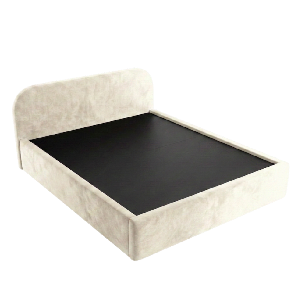 An upholstered bed frame with a low headboard and footboard in a light beige textured fabric, shown with a black mattress or bed surface insert, isolated on a white background.
