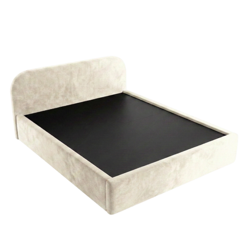 An upholstered bed frame with a low headboard and footboard in a light beige textured fabric, shown with a black mattress or bed surface insert, isolated on a white background.