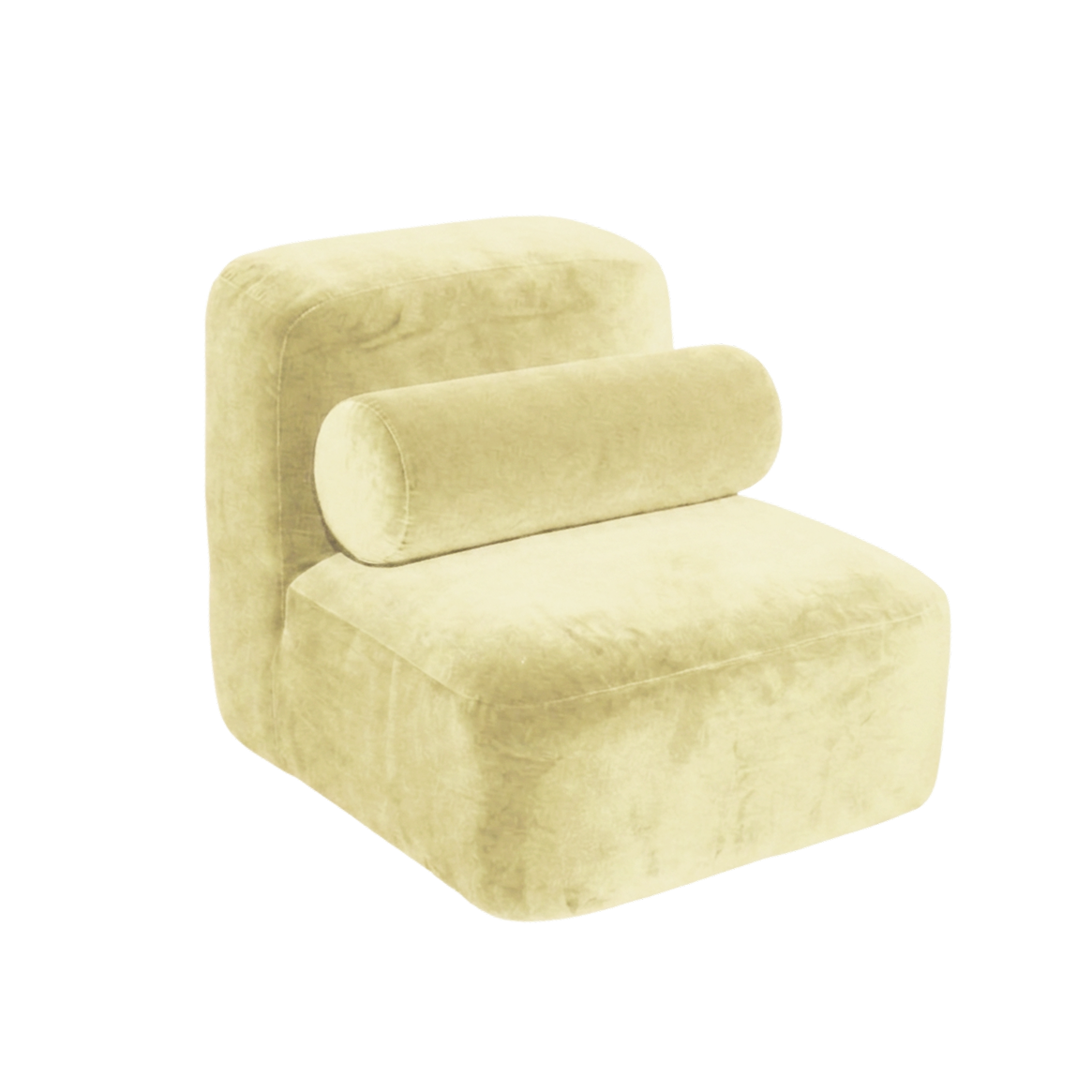 A modern low-profile accent chair upholstered in a soft, textured light yellow fabric, featuring a cylindrical lumbar pillow, isolated on a white background.