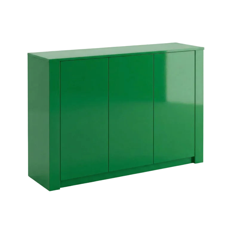A bright green three-door sideboard cabinet with a glossy finish, shown from a three-quarter angle on a plain white background.